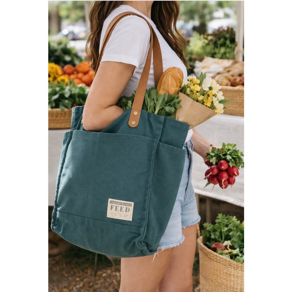 FEED Teal Canvas Market Tote Bag Leather Straps Multi Pocket Large Carryall